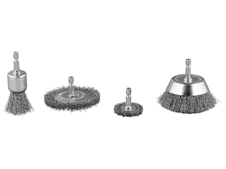 Set aus vier Drahtbürsten für Bohrmaschinen in verschiedenen Formen und Größen.