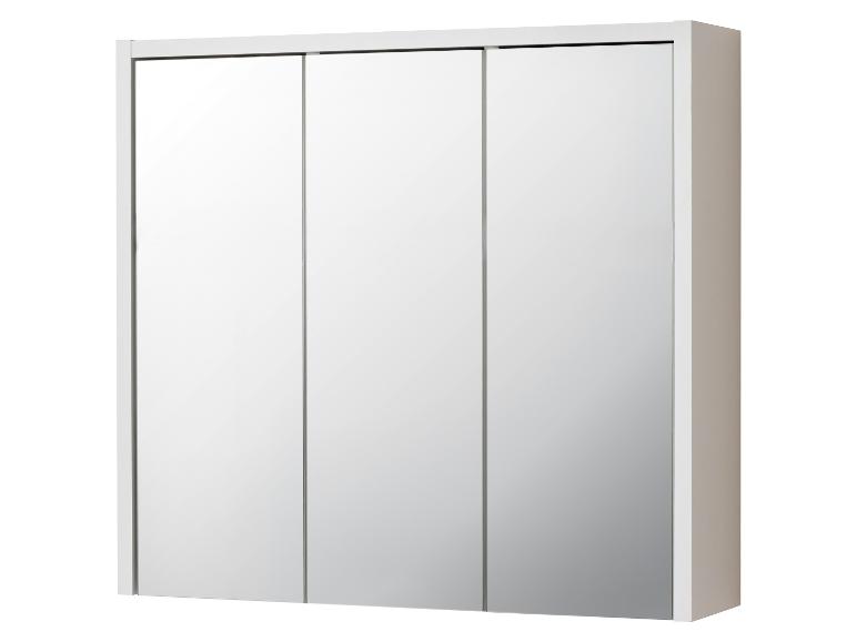 Weißer Badezimmerschrank mit drei Spiegeltüren, Vorderansicht.