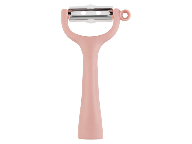 Ein rosafarbener Sparschäler mit einem Metallmesser.