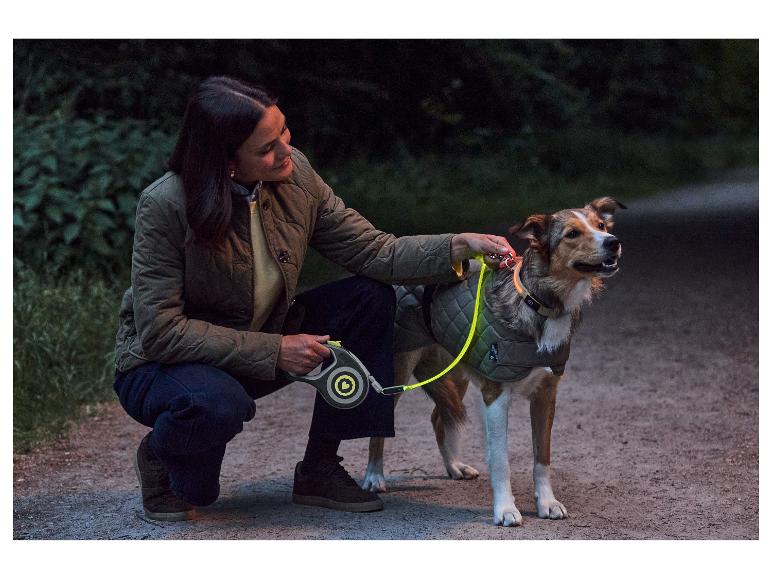 Frau mit Hund und der MAX & MILA'S WORLD Hundeleine mit Rückzugsmechanismus und LED.
