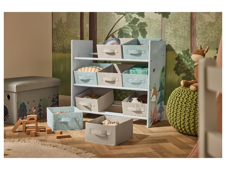 Kinder-Spielzeugregal mit Stoffaufbewahrungsboxen und Waldmotiv.