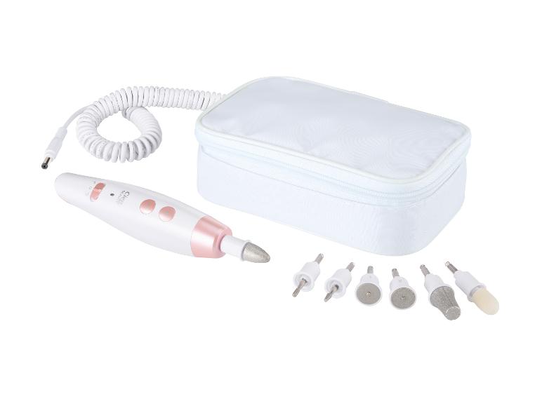 Maniküre- und Pediküre-Set mit elektrischer Feile, Aufsätzen und Aufbewahrungstasche.