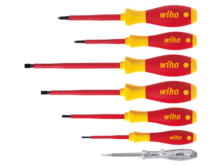 Set roter und gelber Schraubendreher mit einem Tester.