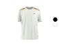 Weißes Sport-T-Shirt mit schwarzen, roten und gelben Streifen auf den Schultern.