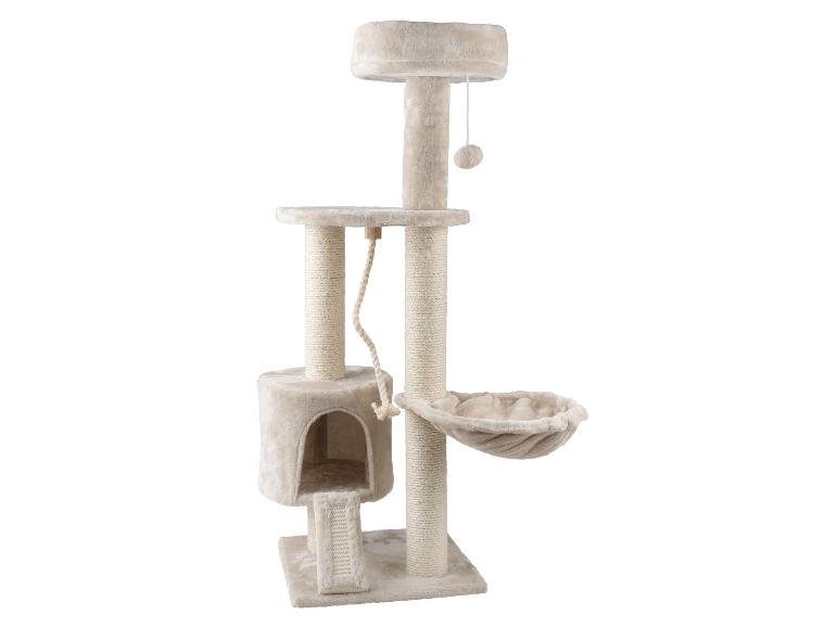 Beiger Katzenkratzbaum mit mehreren Ebenen, Höhle, Hängematte und hängendem Spielzeug.