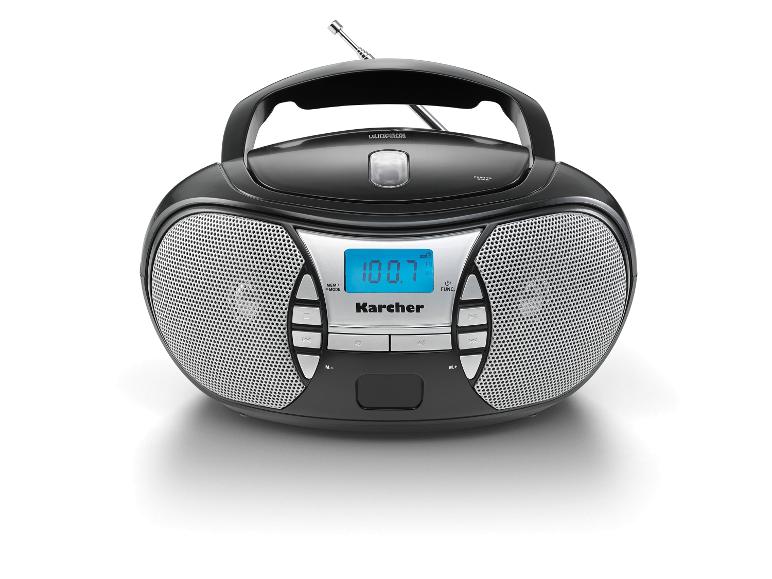 Schwarzer Boombox mit FM-Radio, CD-Player und Digitalanzeige.