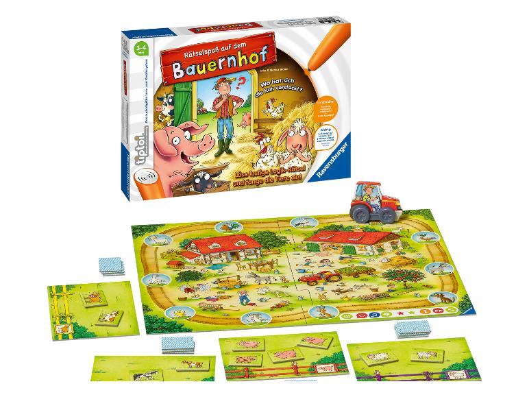 Ravensburger tiptoi Brettspiel „Rätselspaß auf dem Bauernhof“ mit Spielbrett und Figuren.