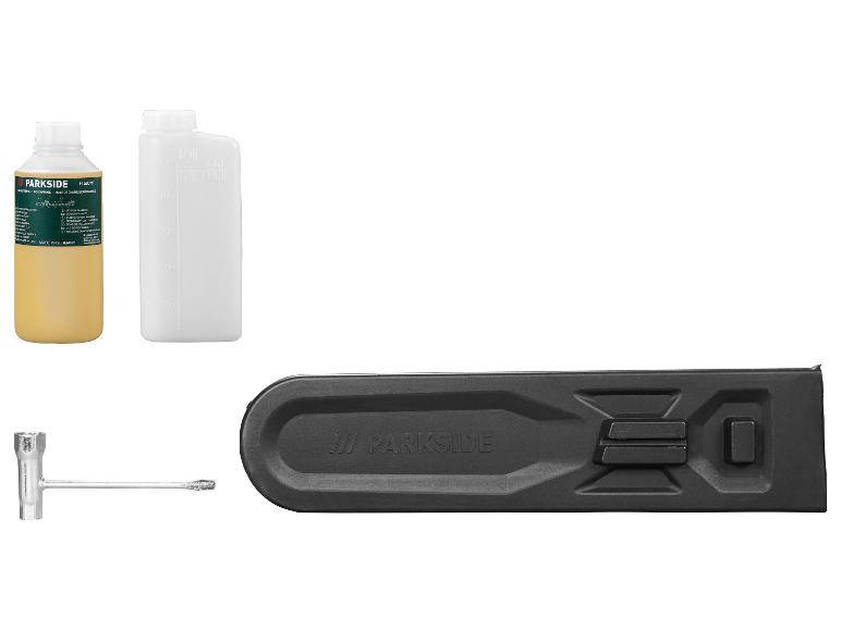 Parkside Zubehör: Kettenöl, Behälter und Schlüssel.