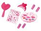 Rosa Spielzeug-Make-up-Set mit herzförmigem Zauberstab, Kamm, Lockenwicklern, Aufklebern und Lipgloss-Palette.