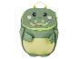 Grüner Kinderrucksack im Krokodil-Design, mit Reißverschluss und gelbem Griff.