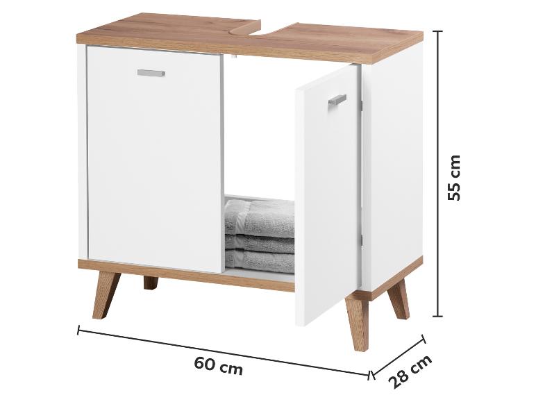 Weißer und hölzerner Badezimmer-Unterschrank mit zwei Türen und gestapelten Handtüchern.