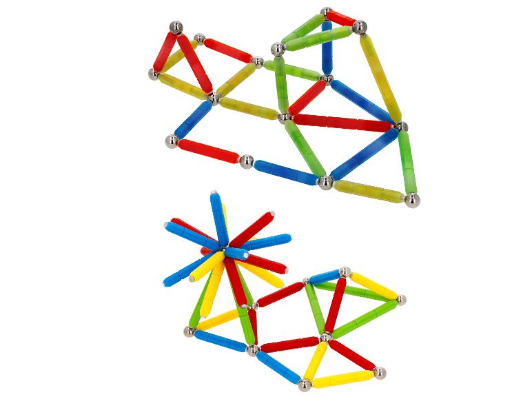 LUPILU® Magnetbausatz: zwei farbenfrohe Modelle, verbunden mit Stäben und Kugeln.