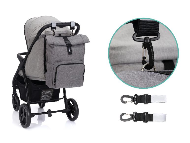 Grauer Fillikid Kinderwagenrucksack mit Befestigungsgurten und reflektierenden Details.