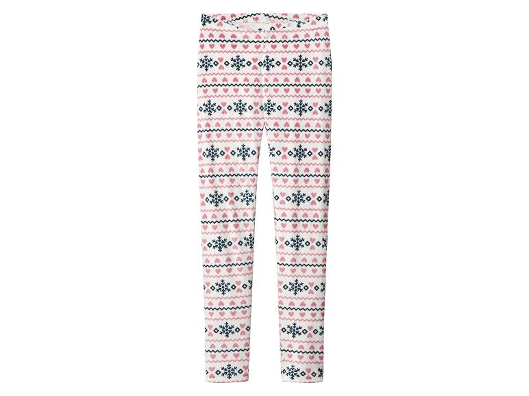 Weiße Leggings mit Wintermuster aus rosa Herzen und blauen Schneeflocken