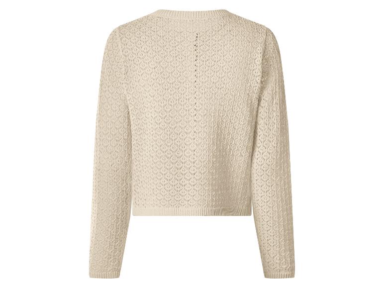 Hellbeiger Strickpullover mit langen Ärmeln und Lochmuster, Rückansicht.