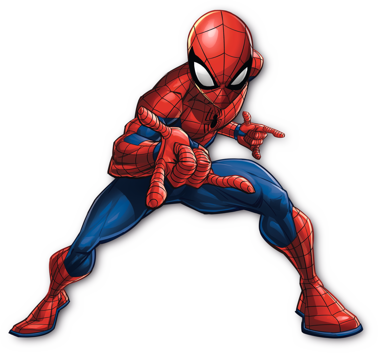 Spiderman in rotem und blauem Anzug, bereit zum Netzschießen.