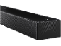 Schwarze Soundbar mit perforiertem Gitter und strukturierten Details.