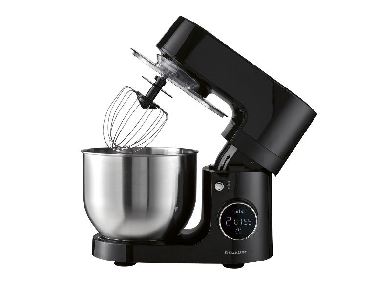 Schwarze Küchenmaschine mit Edelstahlschüssel und Schneebesen, mit Digitalanzeige.