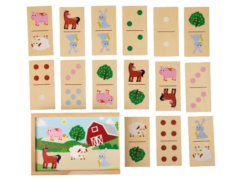 Bauernhof-Domino mit Tierbildern und Zahlen.