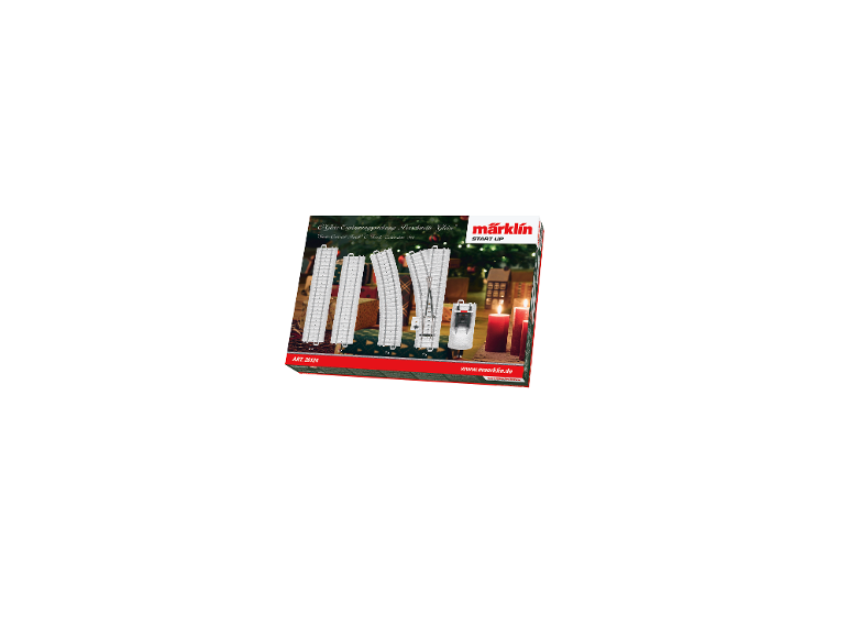 Weihnachtliches Eisenbahnschienen-Set mit verschneiten Gleisen und roten Kerzen.