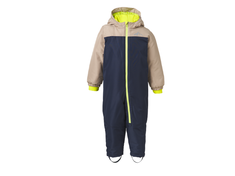 Marineblauer und beiger Schneeanzug für Kinder mit neongelbem Reißverschluss und Futter.