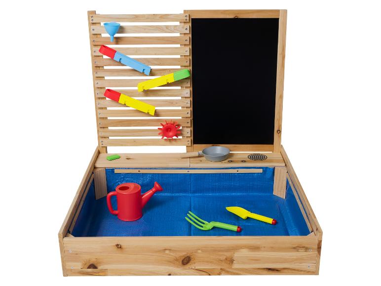 Holz-Sand- und Wassertisch mit Wasserspiel, Kreidetafel und Spielzubehör