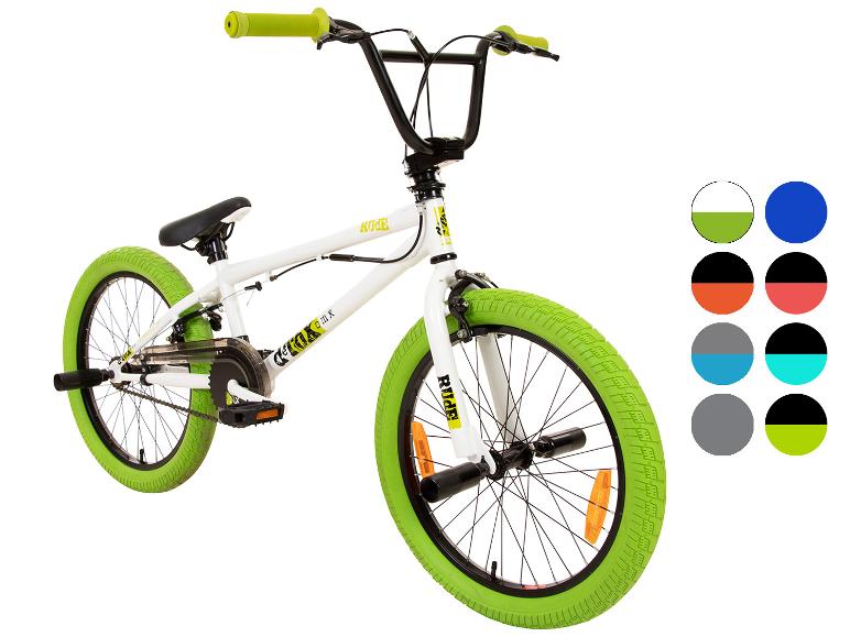 Weißes BMX-Fahrrad mit leuchtend grünen Reifen und Zubehör.