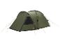 Ein grünes Easy Camp Zelt mit orangen Schnüren.