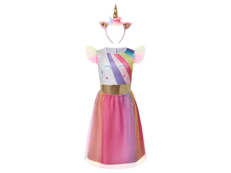 Regenbogen-Einhornkleid mit passendem Haarband für Kinder.