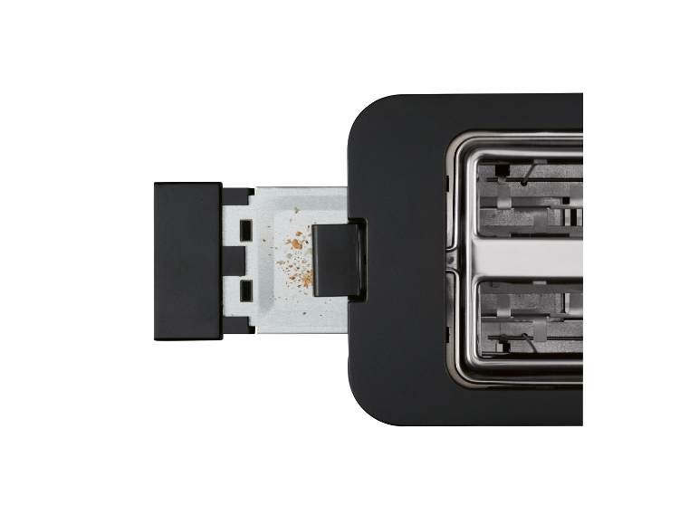 Herausnehmbare Krümelschublade eines Toasters mit Brotkrumeln.