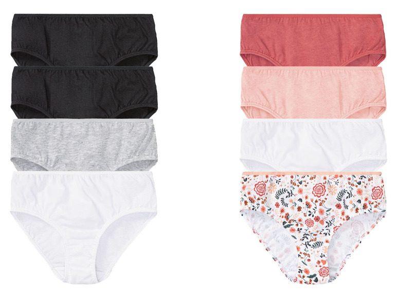 Ein Set mit acht Damen-Unterhosen, darunter schwarze, graue und weiße Exemplare, mit einer Unterhose mit Blumenmuster.