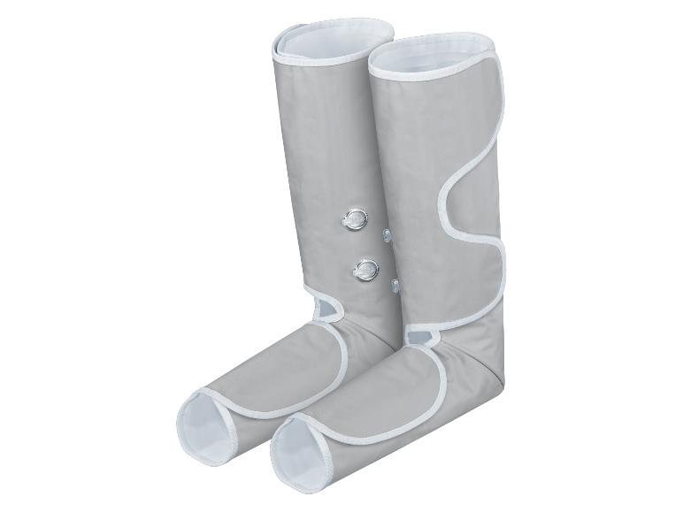 Graue Beinmassage-Stiefel mit weißem Rand, aus vorderer Schrägansicht.