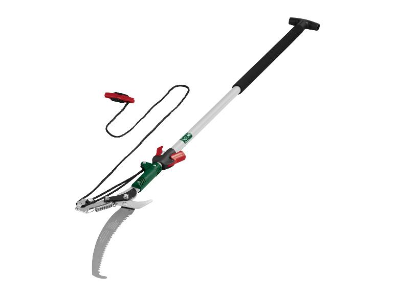 Teleskop-Astschere mit Säge und Schneidemechanismus, schwarzem Griff und roter Schnur.