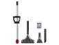 Teppich- und Polsterreinigungsset mit Griff, zwei Düsen und einem Beutel Reinigungsmittel.