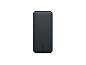 Schwarze Powerbank mit abgerundeten Kanten und einem Logo unten.