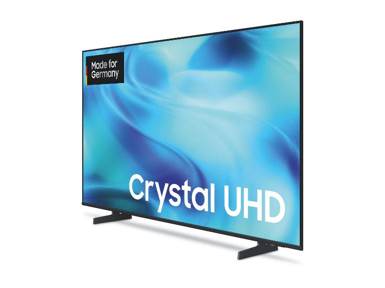 Schwarzer Crystal UHD Fernseher mit der Aufschrift „Made for Germany“