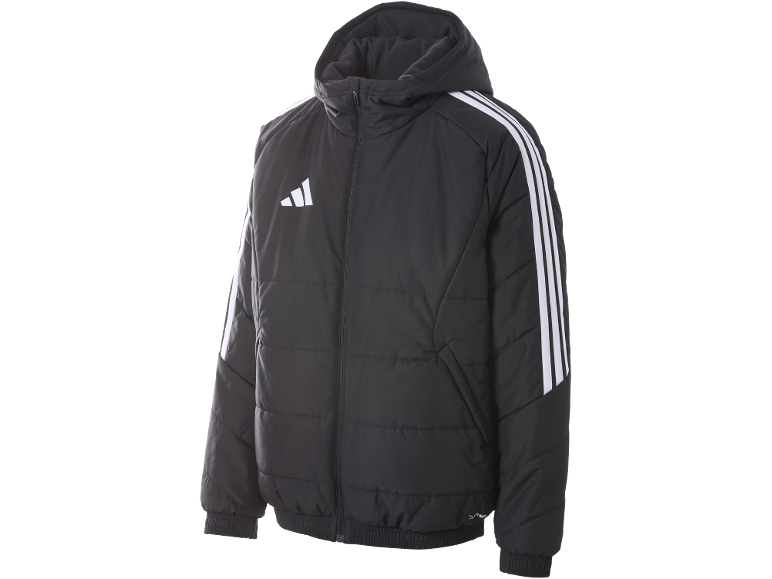 Schwarze Steppjacke mit Kapuze und weißen Streifen an den Ärmeln.