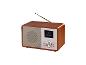 Radio im Holz-Retro-Stil mit Digitalanzeige und Teleskopantenne.