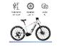 Weißes E-Mountainbike mit Spezifikationen: Körpergröße 160-185cm, Radgröße 27,5 Zoll, 10 Gänge.