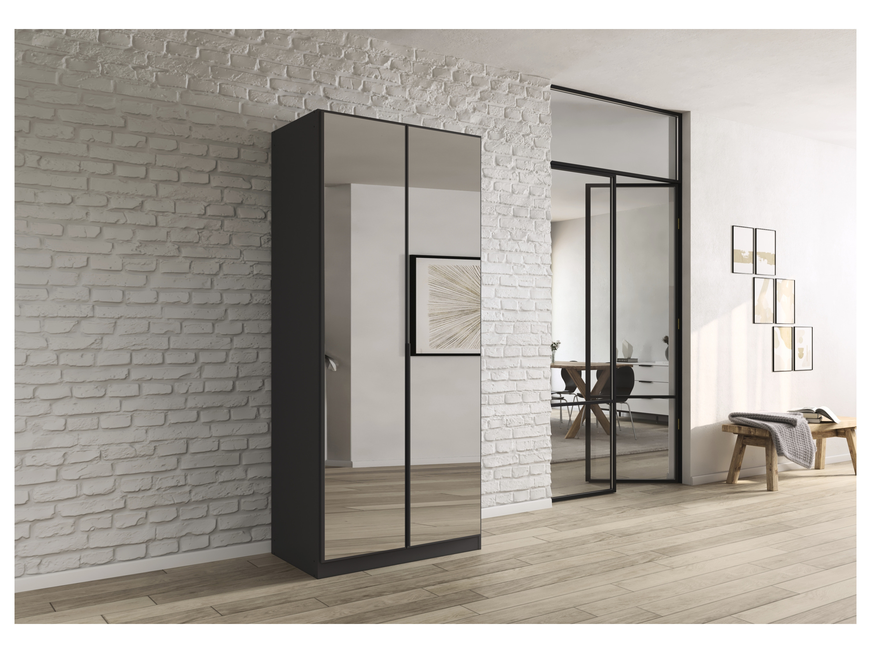 RAUCH ORANGE Drehtürenschrank Alabama mit Spiegel (Premium-Zubehör, Graumetallic, Griffe Grau, 91 x 229 cm) – Bild 2 von 4