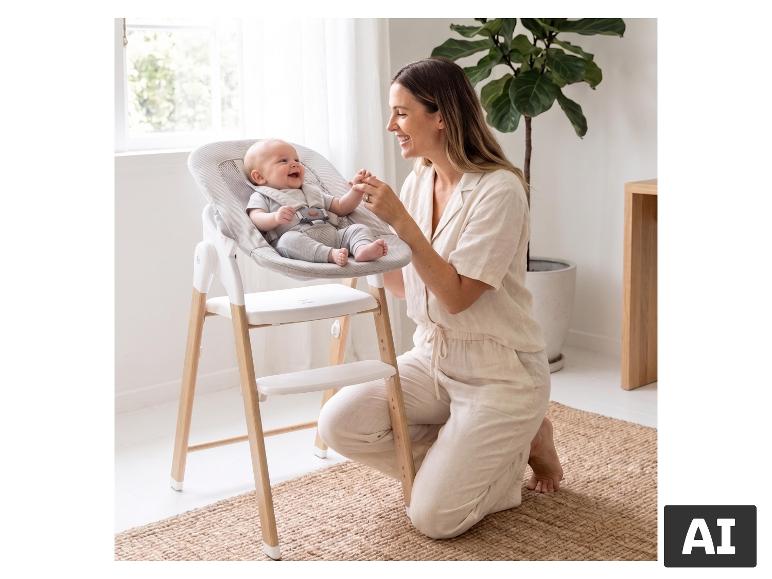 Mutter neben ihrem Baby im BABYGO Hochstuhl Level Newborn. [KI-generiertes Bild]