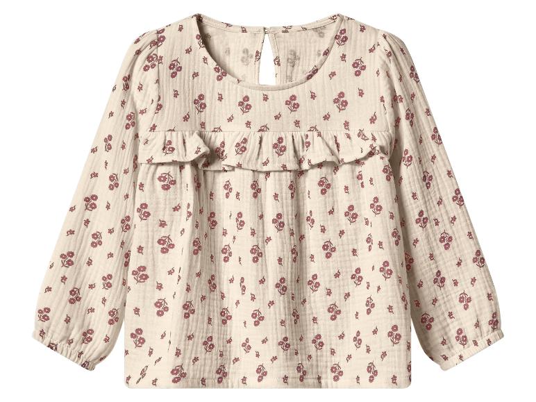 Kinderbluse mit langen Ärmeln, beige mit Blumenmuster und Rüschen