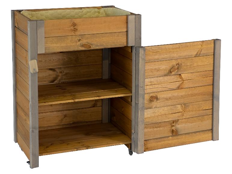 Holz-Hochbeet mit Ablagefächern und Tür auf Rollen
