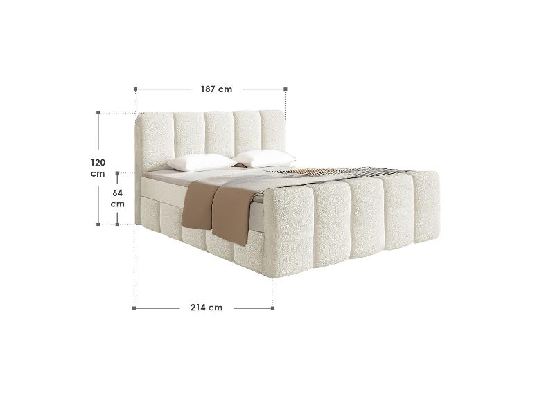 Bett mit gepolstertem Kopfteil und Untergestell, 187x214 cm groß und 120 cm hoch.