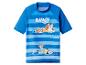 Blau gestreiftes Rashguard mit Cartoon-Hunden beim Schwimmen und dem Wort 'BLUEY'.