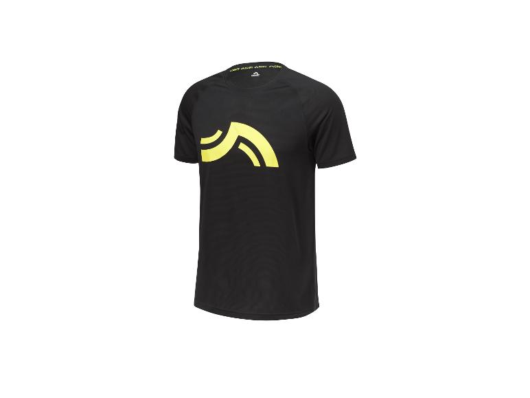 Schwarzes Kurzarm-Sportshirt mit gelbem Grafikdruck und Schriftzug am Kragen