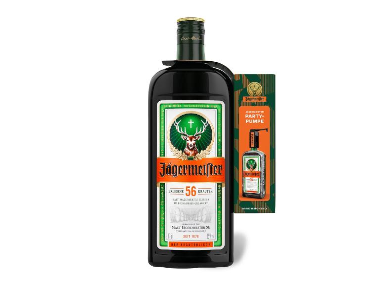 Jägermeister Kräuterlikörflasche mit Party-Pumpe Zubehör.
