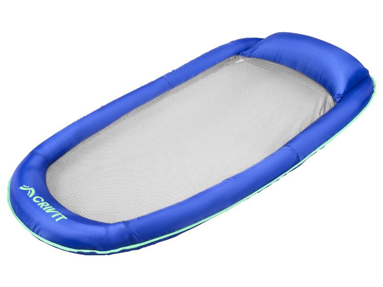 Blaue aufblasbare schwimmende Liege mit Netz und grünem Rand