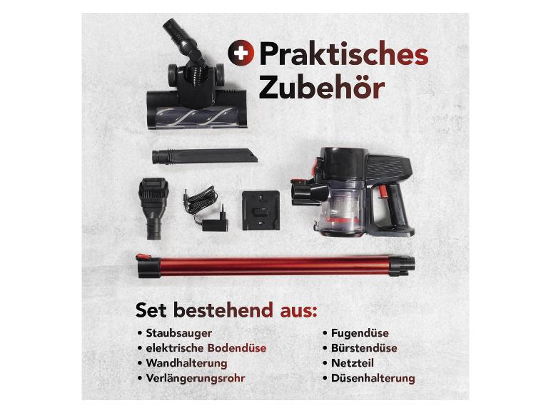 Praktisches Zubehör: Staubsauger, elektrische Bodendüse, Wandhalterung, Verlängerungsrohr.