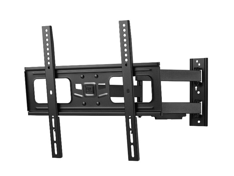 Schwarze TV-Wandhalterung aus Metall mit verstellbarem Arm.
